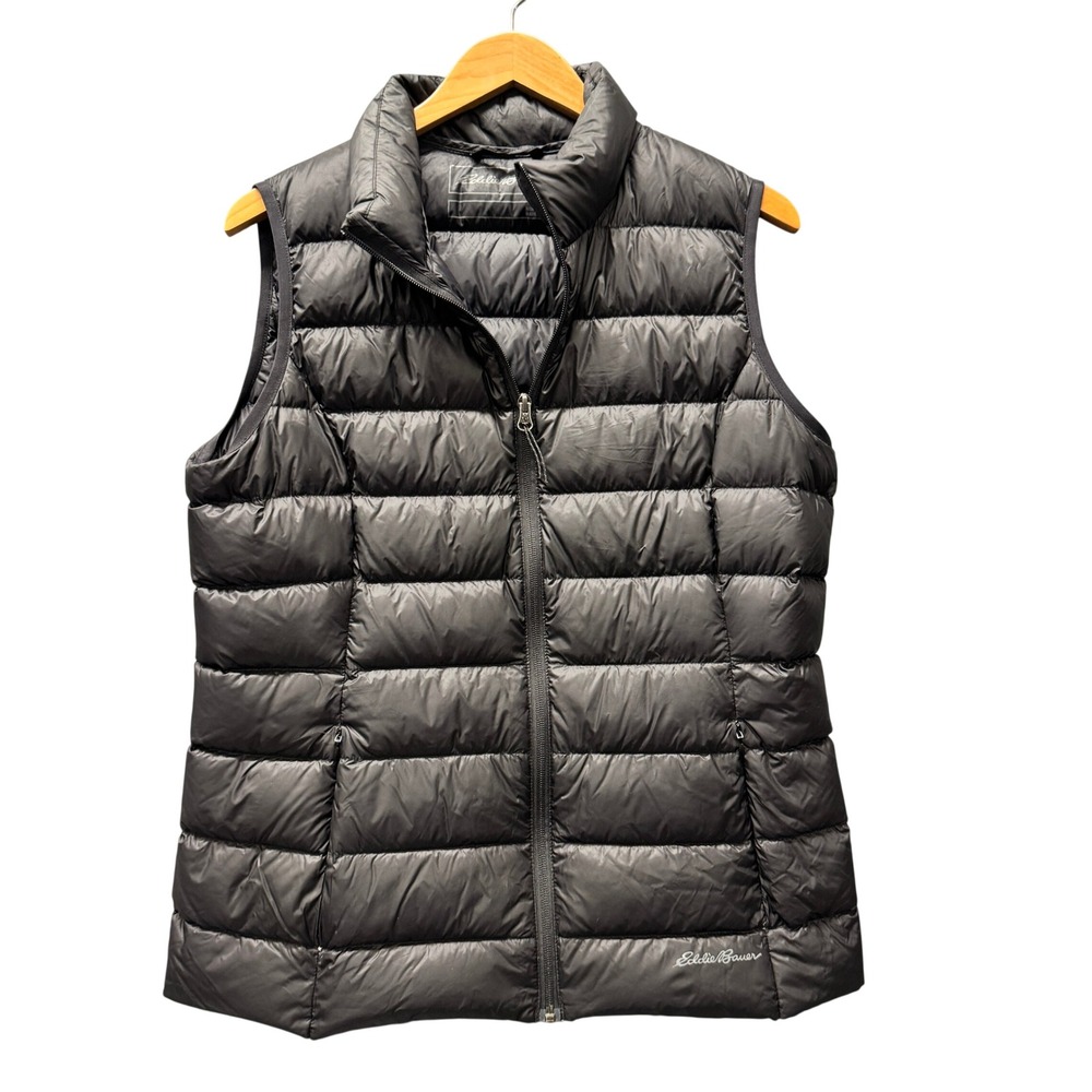 Eddie Bauer Down Puffer Vest Womens L EB650 Black Packable Full Zip Outdoor